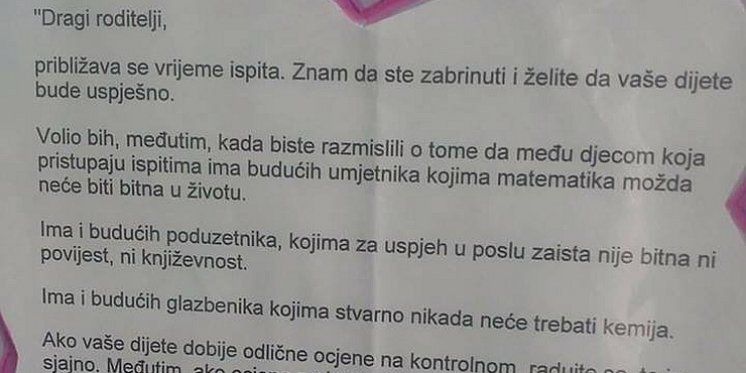 Poruka jednog ravnatelja roditeljima: &lsquo;Nemojte zbog ocjena potkopati samopouzdanje svom djetetu&rsquo;